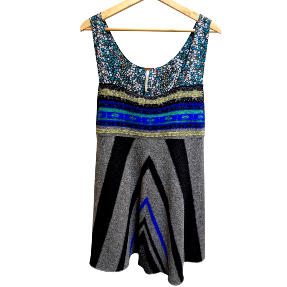 Free People Floral Wool Sleeveless Tank Tunic Large Boho Artsy Funky Layering